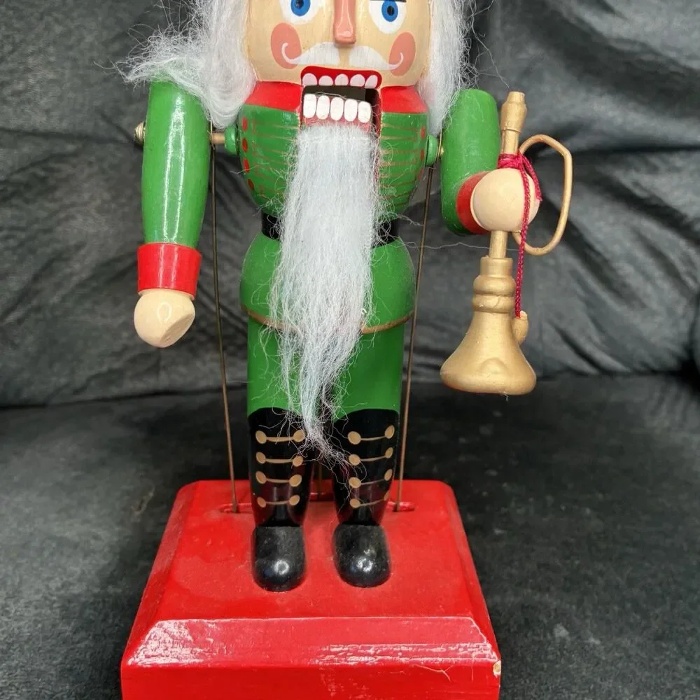 Wooden Animated Nutcracker W/Horn Music Box Moving Mouth & Arms 11